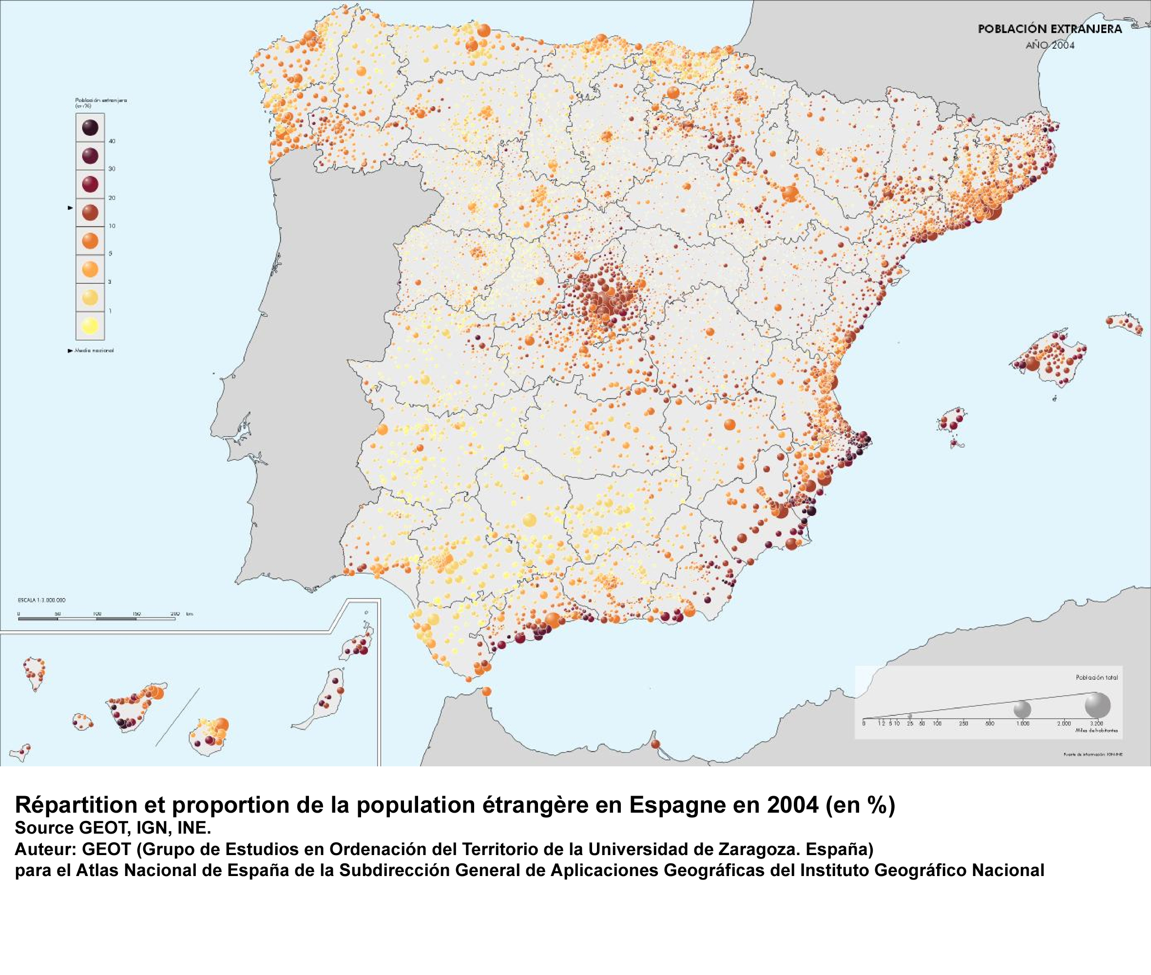 Répartition et proportion de la population étrangère en Espagne en 2004 (en %)
