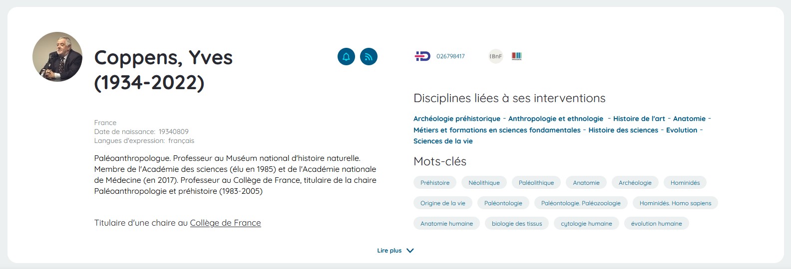 Fiche intervenant. Cette fiche présente le nom de l'intervenant, sa biographie, son identifiant IdRef, les disciplines et mots-clés liés à l'intervenant