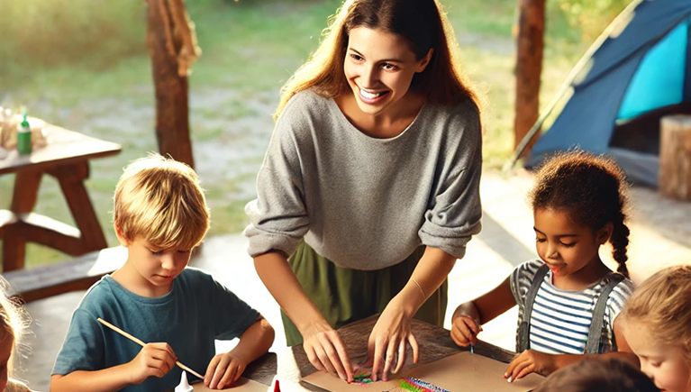 Femme animant un atelier dessin avec de jeunes enfants