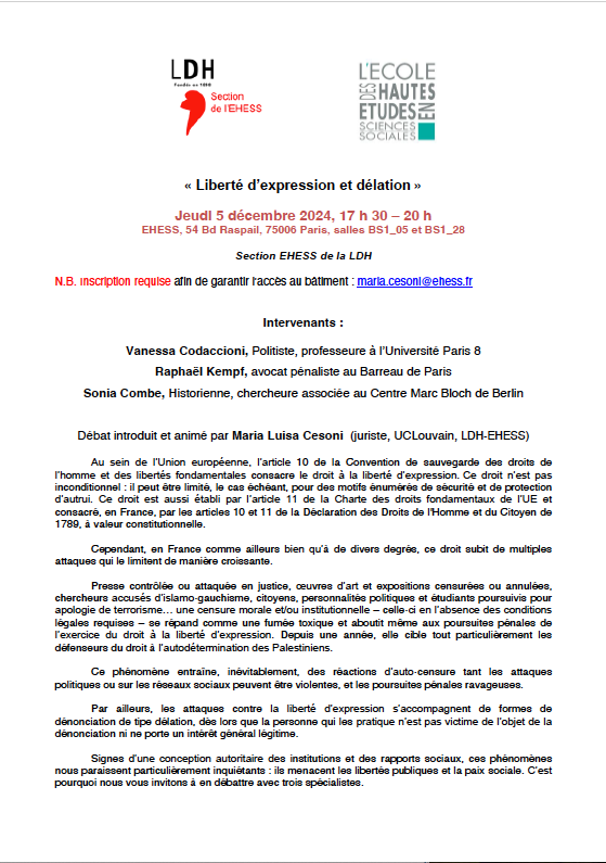Liberté d’expression et délation » 5 décembre 2024, Section EHESS de la L