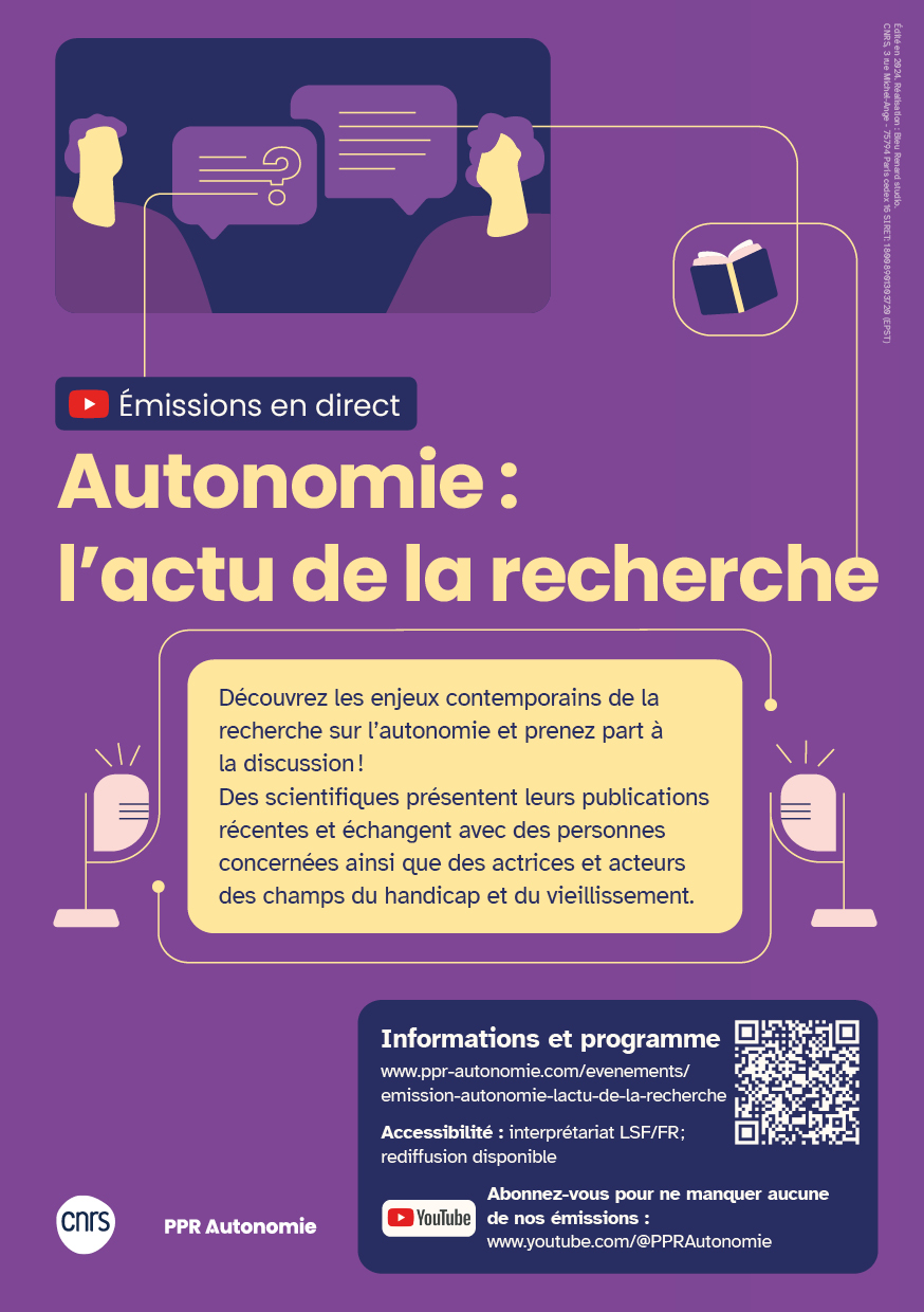 Flyer des émissions en direct "Autonomie : l'actu de la recherche. Fond violent, en haut, une illustration de deux personnes les représentent en train d'échanger. Des pictogrammes de livres et de micros habillent l'ensemble. Un texte sur fond jaune précise : "Découvrez les enjeux contemporains de la recherche sur l’autonomie et prenez part à la discussion ! Des scientifiques présentent leurs publications récentes et échangent avec des personnes concernées ainsi que des actrices et acteurs des champs du hand
