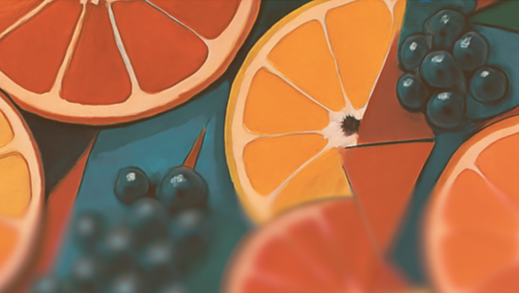 Papier peint orange et bleu représentant des agrumes, raisins et prunes