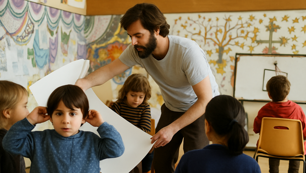 Animateur avec des enfants en train de dessiner