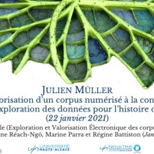 Diapositive avec le titre « Les procès-verbaux du Bureau des longitudes (1795-1932). De la valorisation d’un corpus numérisé à la construction d’outils d’exploration des données pour l’histoire des sciences » (janvier 2021) et le nom de l'intervenant, Julien MÜLLER