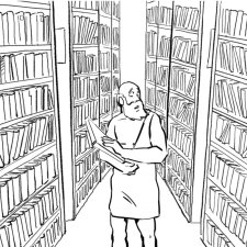Personnage de l'antiquité tenant une tablette de gravure, perdu dans les rayons d'une bibliothèque