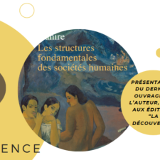 Affiche de la conférence avec le visage de l'auteur, la page de garde de son livre, date et horaire