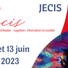Titre Jecis Journées d’études : cognition, information, société en rouge, 12 et 13 juin 2023, fond blanc et rouge avec une image sur le côté de toutes les couleurs et une ombre dedans