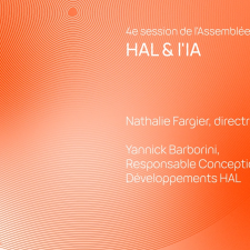 Image réalisée pour la vignette. Logo HAL en haut à gauche, date du jeudi 21 novembre 2024 en bas à gauche. Le titre de la vidéo "HAL et l'IA" et le nom des intervenants : Nathalie Fargier directrice du CCSD et Yannick Barborini responsable conception et développements HAL, sont aussi indiqués.