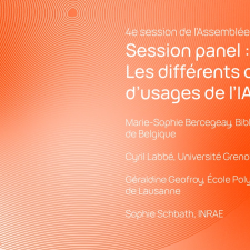 Vignette sans image avec le titre "Session panel : Les différents cas d'usage de l'IA" et le nom des 4 intervenants