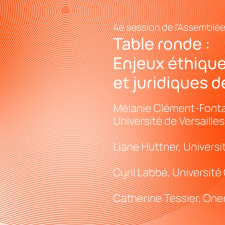 Vignette sans image avec le titre "Table ronde : Enjeux éthiques et juridiques de l'IA" et le nom des 4 intervenants