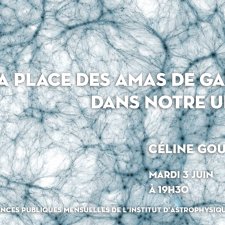 Affiche de la conférence de Céine Gouin, qui représente une simulation numérique des grandes structures de l'Univers, la « Toile cosmique ».
