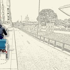 Homme roulant en triporteur vu de dos