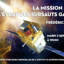 Une vue d'artiste du satellite SVOM, avec le titre de la conférence de Frédéric Daigne : « La mission SVOM et l'étude des sursauts gamma ».