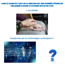 Affiche fond blanc, une image avec deux mains (dont une âgée), une image avec le monde du numérique