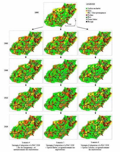 Evolution spatialisée des modes d’occupation et d’utilisation des sols pour les scénarios 4, 5 et 6 sur le bassin versant du Lestolet entre 1998 et 2018