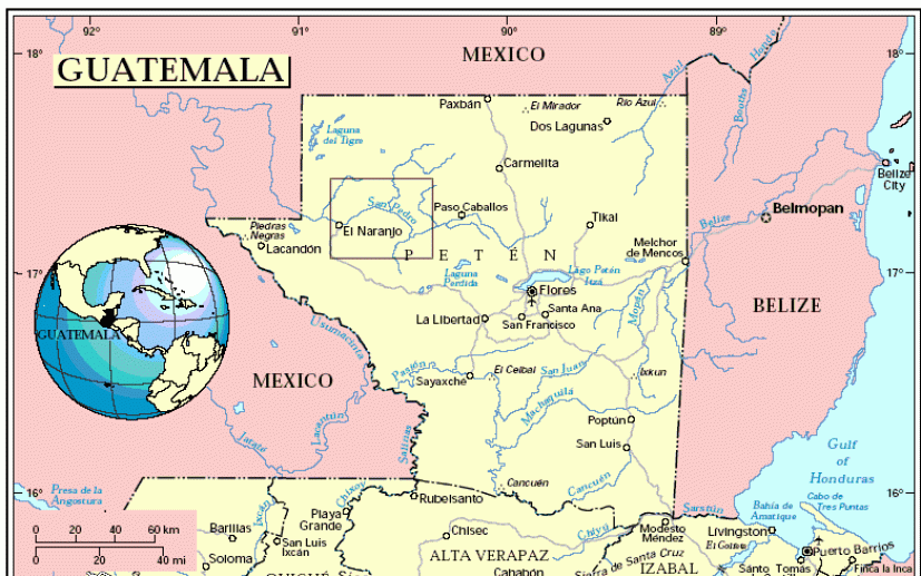 Carte de localisation du Petén et de la zone de travail