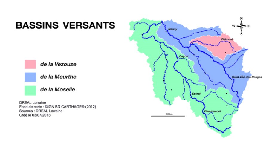 Carte des bassins versants Moselle - Meurthe - Vezouse