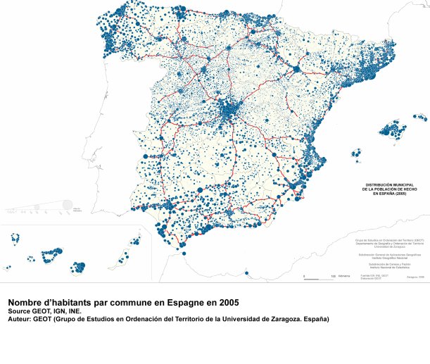 Nombre d'habitants par commune en Espagne en 2005