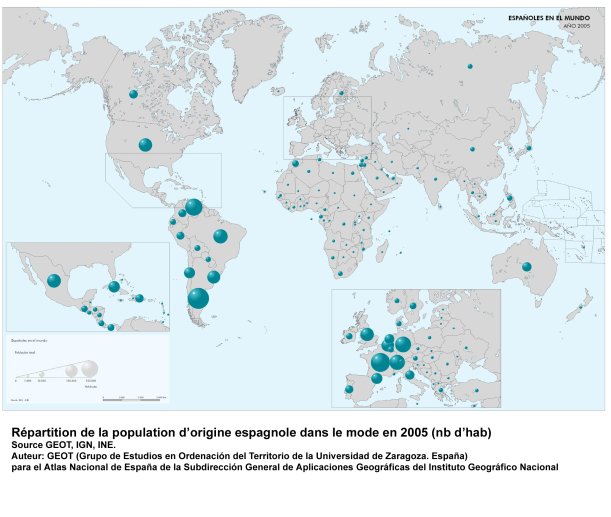 Répartition de la population d'origine espagnole dans le monde en 2005 (nb d'hab)