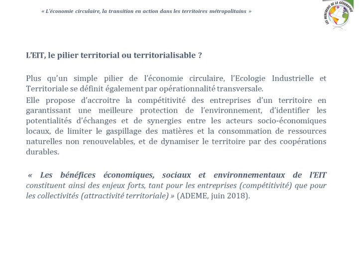 Diapo 17 L'Écologie Industrielle et Territoriale (EIT), le pilier territorial ou territorialisable ?