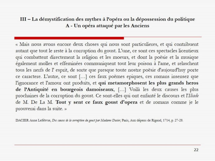 Diapo 22 DACIER Anne Lefèbvre, Des causes de la corruption du goust par Madame Dacier, Paris, Aux dépens de Rigaud, 1714, p. 27-28.