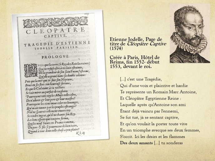 Diapo 11 Etienne Jodelle, Page de titre de Cléopâtre Captive (1574)
