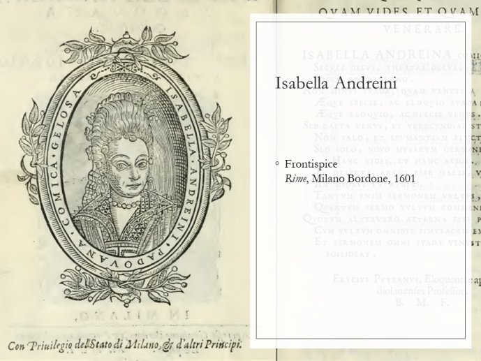 Diapo 36 Isabella Andreini, frontispice Rime, Milano Bordone, 1601