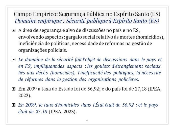 Diapo 6 Campo Empírico: Segurança Pública no Espírito Santo (ES) = Domaine empirique : Sécurité publique à Espírito Santo (ES)