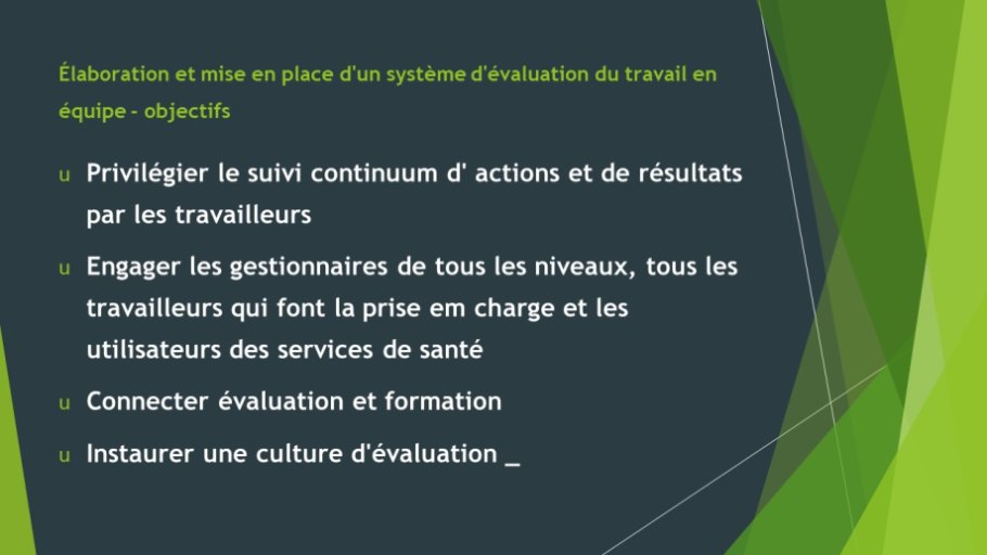 Diapo 7 Élaboration et mise en place d'un système d'évaluation du travail en équipe - objectifs