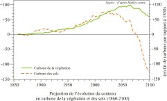 Projection de l'évolution du contenu en carbone de la végétation et de sols (1860-2100)